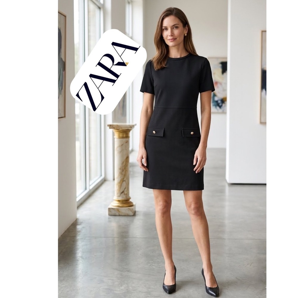 Zara Black Short Sleeve Mini Dress Gold Button Pocket Shift Crew Neck XS